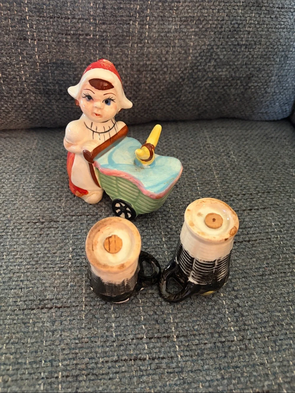 Vintage Figurine of Girl with Flower Basket Salt and Pepper Shakers
